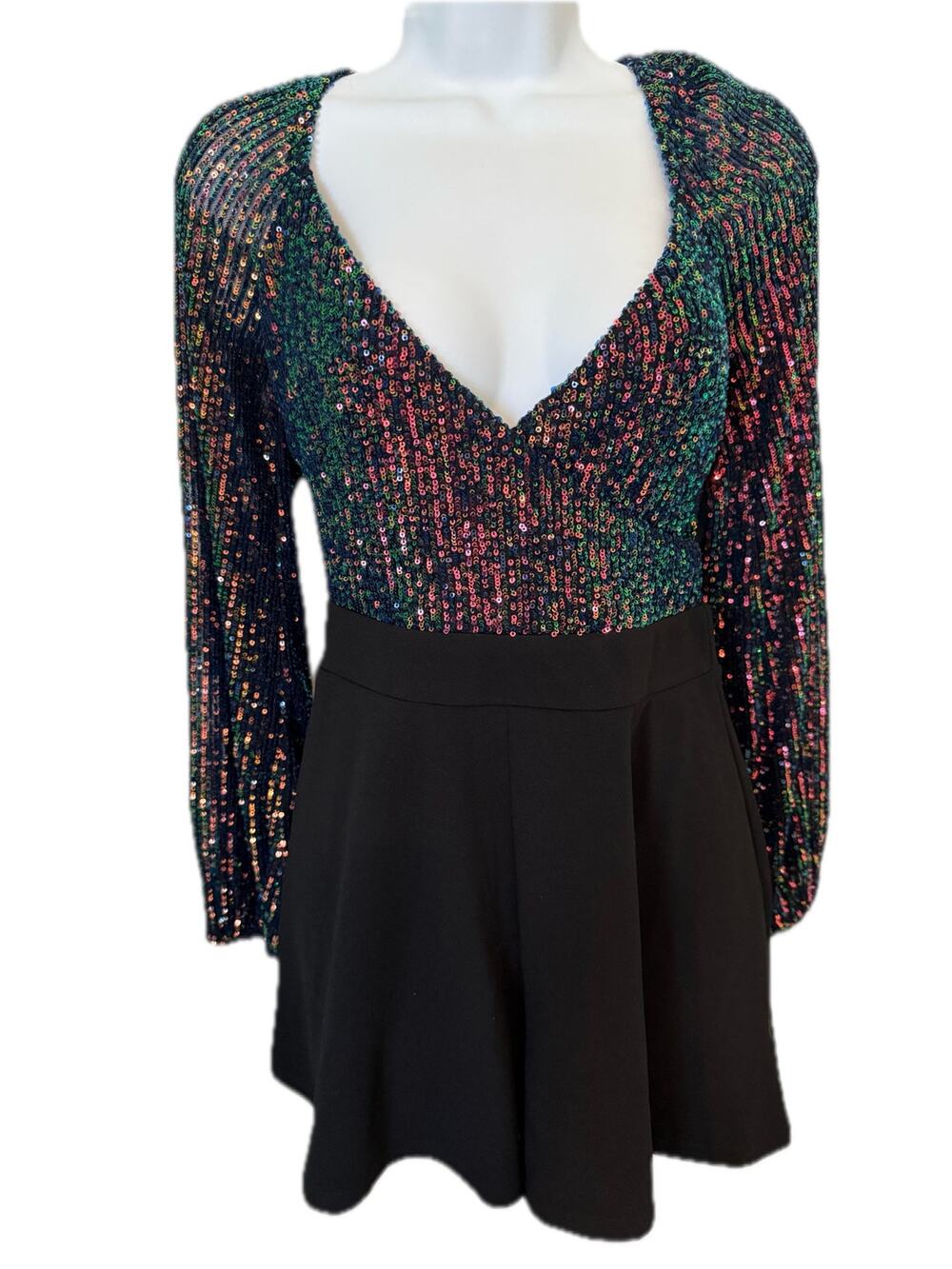 Windsor Lg Black Multicolor Long Sleeve Party Romper Deep V Neck